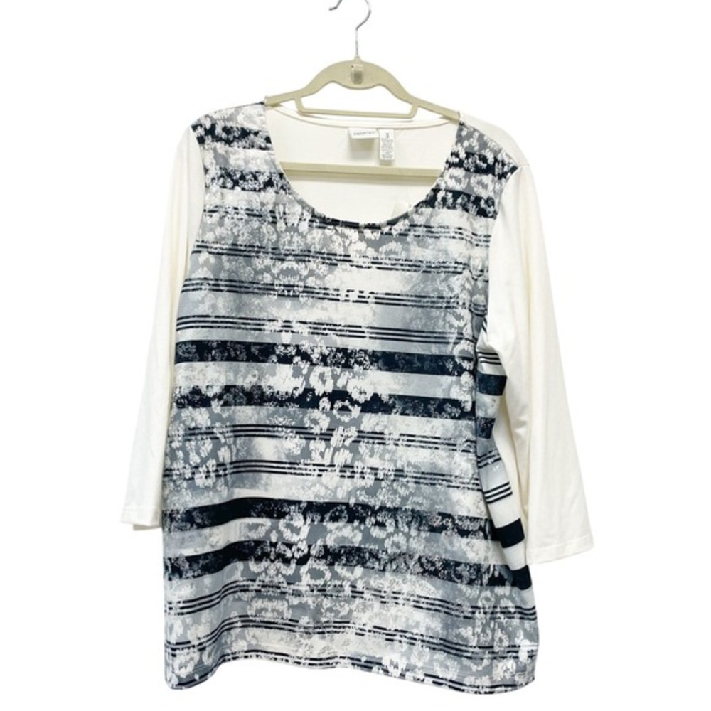 Chico's Zenergy NWT Womens‎ 3 Ivory Striped Desiree Geo Animal 3/4 Sleeve Blouse
